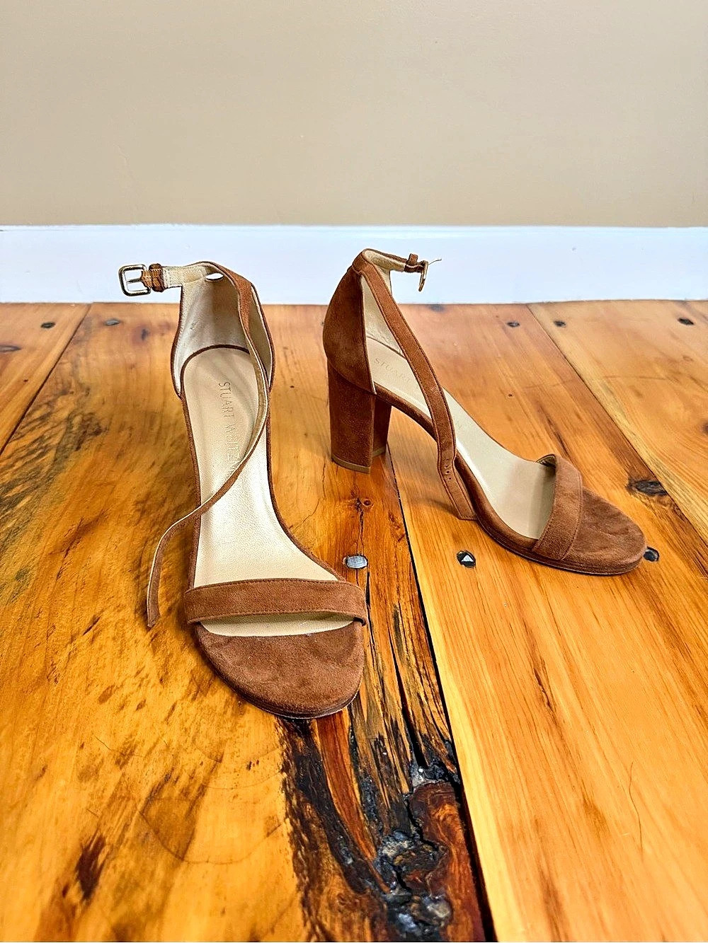 Stuart Weitzman NudistCurve Block Heel Sandal Brown Heels US 6 - Picture 2 of 5
